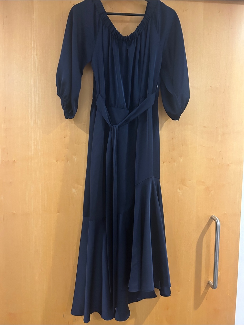 Sachin + Babi Navy Asymmetrical Belted Maxi Dress